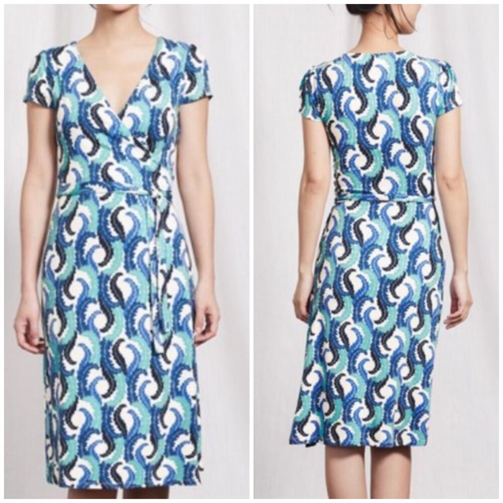 Boden Summer Wrap Dress Geometric Paisley Blue Size 6R Cap Sleeve Jersey V-neck